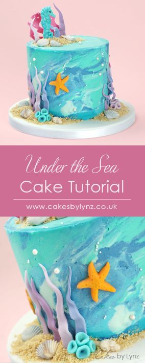 Marbled Buttercream Under the Sea Cake Tutorial - Cakes by Lynz Marbled Buttercream Cake, Fondant Coral, Underwater Birthday Cake, Marbled Buttercream, Seahorse Cake, Sirenita Cake, Ocean Birthday Cakes, Edible Sand, Rodjendanske Torte