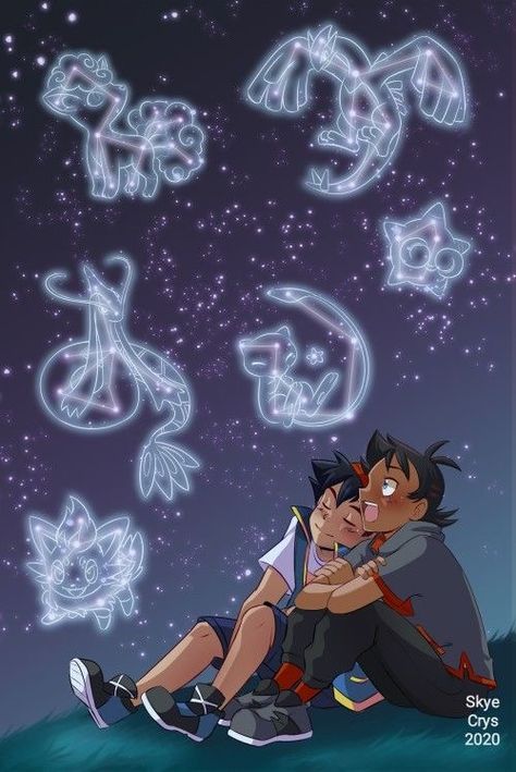 Goh and Ash look at the stars. Pokemon Goh X Ash, Pokemon Ash Ketchum, Pokemon Adventures Manga, Pokemon Game Characters, Pokemon Pocket, Pokemon Manga, Ash Pokemon, Pokemon Ships, Pokemon Comics