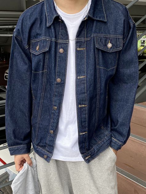 Blue Jacket Outfits Men, Dark Denim Outfit, Blue Denim Jacket Outfit, Blue Jean Jacket Outfits, Jean Jacket Outfits Men, Denim Jacket Men Outfit, Dark Jean Jacket, Dark Denim Shirt, Denim Shirt Outfit