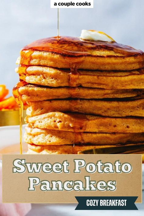 These sweet potato pancakes are so fluffy, moist and flavorful, they've moved to the top of our favorites list! The ultimate way to transform leftover sweet potatoes into a satisfying breakfast. #sweetpotatopancakes #sweetpotato #sweetpotatorecipe #pancakes #pancakerecipe #breakfast #breakfastidea Sweet Potato Pancakes Vegan, Sweet Potato Pancakes Recipe, Maple Sweet Potatoes, Sweet Potato Pancakes, Sweet Potato Breakfast, Cooking Sweet Potatoes, Potato Puree, Vegan Sweet Potato, Potato Pancakes