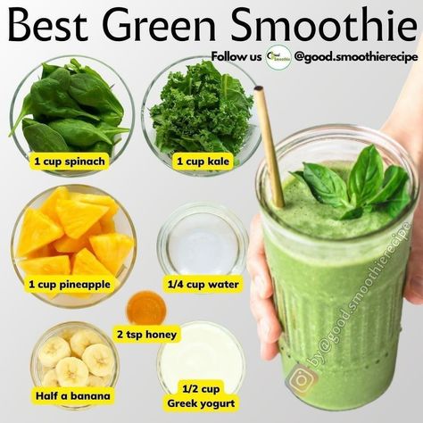 Easy Healthy Smoothie Recipes, Healthy Diet Smoothies, Resep Smoothie, Best Green Smoothie, Easy Healthy Smoothies, Smoothie Recipes Healthy Breakfast, Kale Smoothie, Smoothie Drink Recipes, Smoothie Challenge