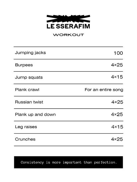 le sserafim workout routine
100 jumping jacks
4 sets of 25 burpees
4 sets of 15 jump squats
Plank crawl for an entire song
4 sets of 25 Russian twists
4 sets of 25 plank up and down
4 sets of 15 leg raises
4 sets of 25 crunches
Consistency is more important than perfection. Sserafim Workout, Le Sserafim Workout, Kpop Workout, Summer Body Workout Plan, Calorie Workout, Workout List, Summer Body Workouts, Workout Routines For Beginners, Under Your Spell