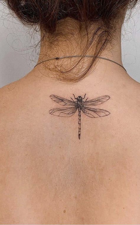 Minimalist Dragonfly Tattoo, Neck Back Tattoo, Tattoo On The Shoulder, Back Tattoo For Women, Dragonfly Tattoos, Pictures Of Tattoos, Dragonfly Tattoo Design, Back Of Shoulder Tattoo, Dragonfly Tattoo