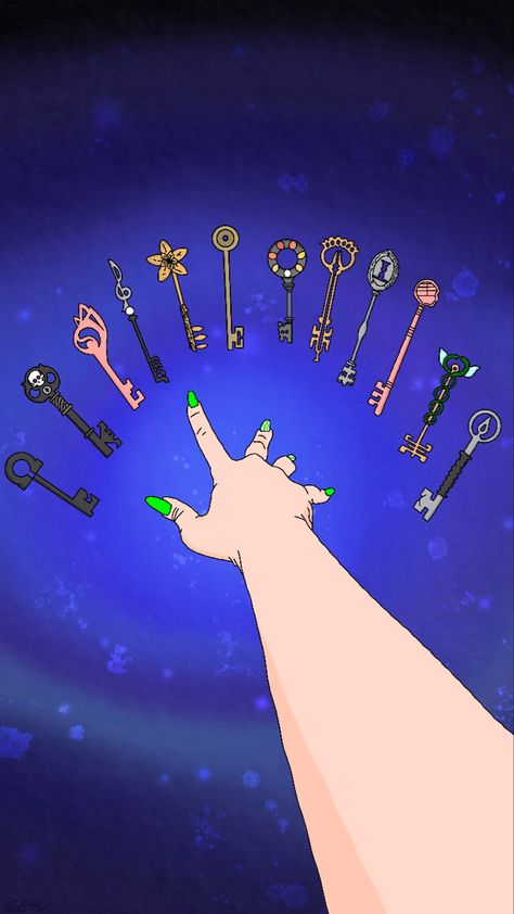 Drawing of the keys from “Locke & Key” made with procreate. There’s a hand and twelve keys. Locke Key Wallpaper, Locke & Key Wallpaper, Mha Au, Key Diy, Key Keychain, Procreate Drawing, Kitchen Organization Diy, Create Drawing, Organization Diy