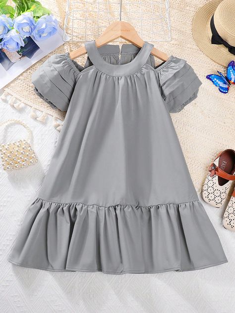 Young Girl Solid Color Round Neck Hollow Out Shoulder Puff Sleeve Ruffle Hem Dress, Summer | SHEIN USA Chic Dress Classy, 2piece Outfits, African Dresses For Kids, Best African Dresses, African Inspired Clothing, African Wear Dresses, Kids Dress Wear