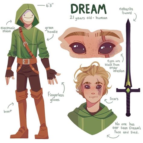 My dream design! Feel free to use. Dsmp References, Mcc Fanart, Dsmp Oc, Minecraft Cosplay, Dsmp Characters, Dream Minecraft, Little Nightmares, Conceptual Fashion, Dream Friends