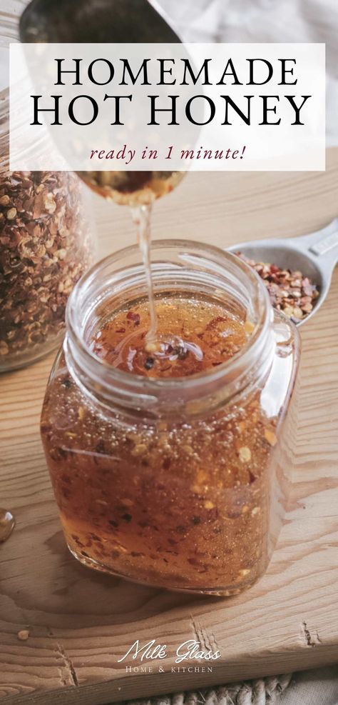 Spicy hot honey has become one of the most popular condiments over the past couple of years, but save your cash and make it at home! You still get the sweet, tangy, fiery flavor without having to leave the comfort of your home. Plus, this spiced honey recipe is ready in about 1 minute! How To Infuse Honey, Spicy Honey Recipe, Flavored Honey Recipes, Diy Hot Honey, Fire Honey Recipe, Hot Honey Ideas, Creamed Honey How To Make, How To Make Hot Honey, Hot Honey Recipes