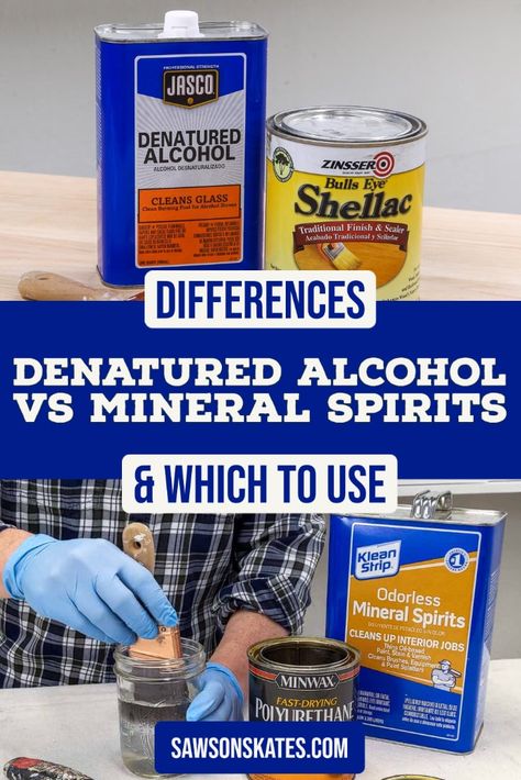 What are the differences between denatured alcohol and mineral spirits? I’ll explain the distinctions in this side-by-side comparison! Mineral Spirits Clean Wood, Denatured Alcohol To Strip Wood, Woodwork Tips, Cleaning Wood Furniture, Woodworking Hacks, Dusting Spray, Alcohol Stove, Furniture Cleaner, Paint Thinner