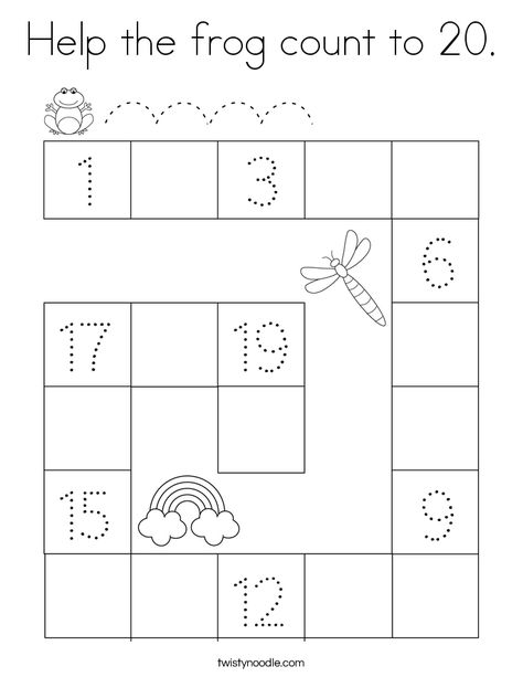 Help the frog count to 20 Coloring Page - Twisty Noodle 1 To 20 Worksheets Preschool, Count To 20 Activities, Count To 20 Worksheets, 1-20 Activities, Number 20 Worksheets For Preschool, Numbers Preschool Printables 1-20, Count And Write Worksheets 1-20, Numbers Preschool Printables, Preschool Counting Worksheets