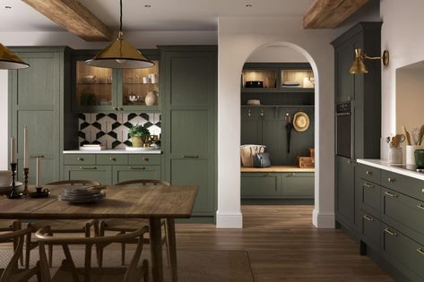 Green Kitchen Inspiration, Green Shaker Kitchen, Bedroom Tile, Lydia Millen, Dark Green Kitchen, Award Winning Kitchen, Vinyl Laminate Flooring, Bathroom Showrooms, Kitchen Showroom