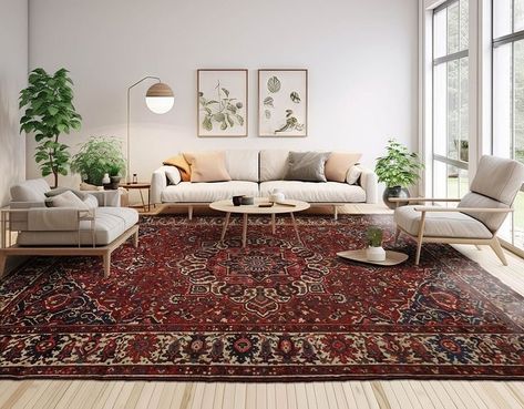 Living Room Inspiration Persian Rug, Living Room With Red Rug, Persian Rug Living Room Modern, Persian Decor Living Rooms, Red Persian Rug Living Room, Living Room Persian Rug, Persian Carpet Living Room, Persian Rug Bedroom, Red Rug Living Room