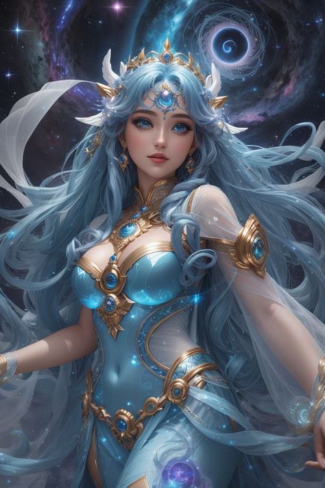 Dive into the cosmos with the Beautiful Blue-Haired, Blue-Dressed Galaxy Woman Goddess AI Art Image! This mesmerizing artwork portrays a digital goddess adorned in celestial blue attire, radiating an aura of cosmic beauty, mystery, and interstellar wonder. Immerse yourself in the realm of AI-generated artistry, where technology and creativity merge to craft a visual masterpiece. see link to buy poster Blue Hair, Galaxy Woman, Woman Goddess, Goddess Hairstyles, Celestial Art, Buy Posters, Goddess Art, Female Character Design, Moon Art