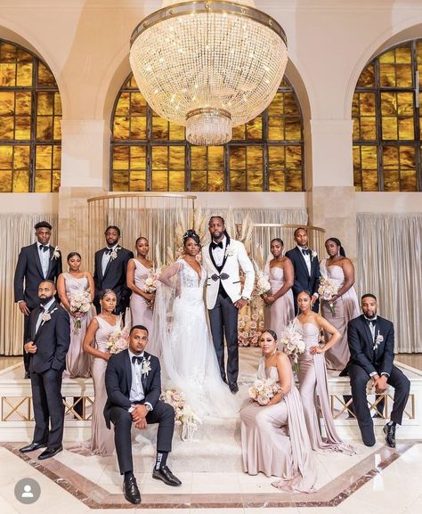 Bride And Bridesmaid Pictures Black Women, Black Bride And Bridesmaid Pictures, Wedding Ideas For Black Couples, Black Family Wedding Photos, Bride And Groom With Bridesmaids, Wedding Color Ideas Black People, Black Couple Wedding Party, Black Couples Wedding Pictures, Black Wedding Party Photos