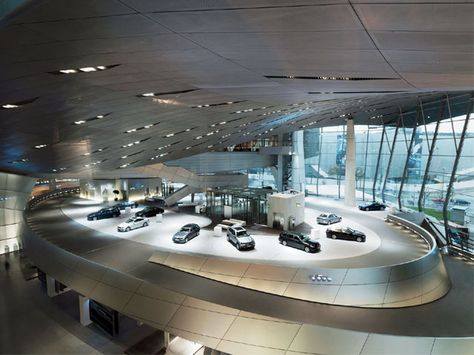 Car Showroom Architecture, Car Showroom Interior, Car Showroom Design, Bmw Museum, Showroom Interior Design, Car Museum, Car Showroom, Showroom Design, Futuristic Architecture