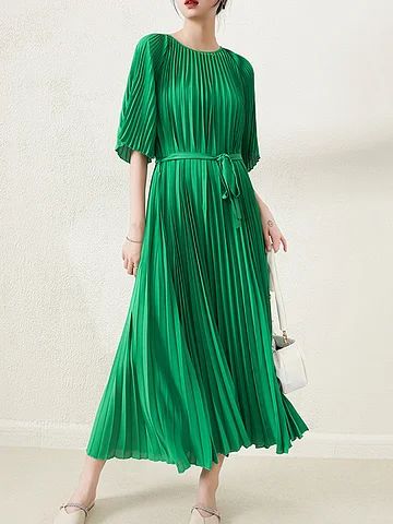 Pleated Solid Color Dresses Stand Collar Blouse, Dress Shirt Sleeves, Solid Color Dress, Maxi Robes, Pleated Maxi Dress, Pleated Midi Dress, Chiffon Maxi Dress, Maxi Dress Green, Style Maxi Dress