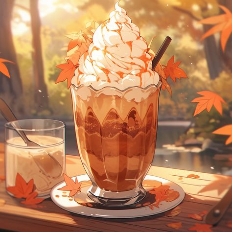 Fall Food Illustration, Fall Anime Art, Fall Anime Aesthetic Wallpaper, Autumn Anime Art, Pumpkin Spice Latte Illustration, Pumpkin Latte Aesthetic, Autumn Aesthetic Anime, Anime Fall Aesthetic, Pumpkin Spice Latte Drawing