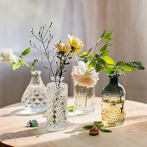 Amazon.com: WILDMOS Glass Bud Vase Set of 6, Small Flower Vases for Decorative, Gradient Glass and Embossed Style Mini Glass Bottles for Home Decor, Vintage Glass Bottles for Centerpiece 3.3"-5.2''H(Clear+Green) : Home #vintage #vase #decor #homedecorideas #homedecoration #vases #decoration Small Flower Vases, Dark Gradient, Vintage Glass Candle Holders, Small Vases, Small Glass Vases, Small Glass Bottles, Mini Glass Bottles, Decoration Vintage, Wedding Vases