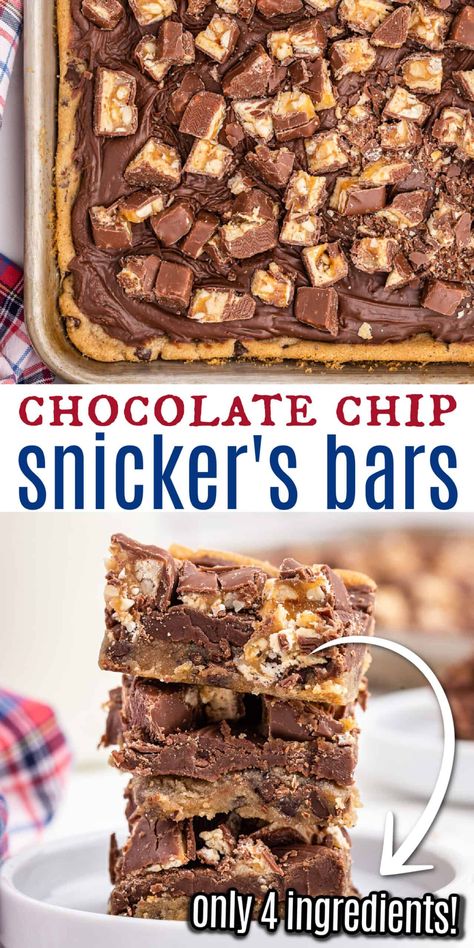 Looking for a treat that's delicious, yet easy enough to whip up in minutes? These Chocolate Chip Snicker's Bars take just minutes to bake with four ingredients! The perfect dessert for busy bakers and Snickers candy lovers alike. Pillsbury Chocolate Chip Cookie Dough Recipes, Pillsbury Cookie Dough Recipes, Pillsbury Chocolate Chip Cookie Dough, Pillsbury Chocolate Chip Cookies, Snickers Bars Recipe, Chocolate Chip Cookie Dough Bars, Snickers Dessert, Pillsbury Cookie Dough, Snickers Recipe