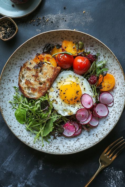 Plate with a fried egg, mixed greens, cherry tomatoes, radish slices, toast, and a fork on the side. Crazy Brunch Ideas, Tea Brunch Food Ideas, Italian Brunch Menu Ideas, Posh Breakfast Ideas, Breakfast Hotel Ideas, Brunch Ideas For Restaurant, Breakfast Options Healthy, Tasty Food Photography, Creative Breakfast Ideas Healthy