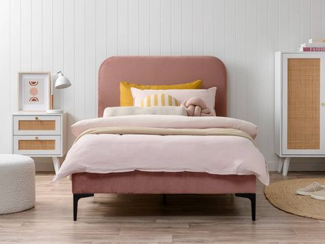 Luka Velvet King Single Bed - Blush Pink Velvet Single Bed, Wooden Bed Base, Modern Kids Beds, Beds Australia, Childrens Bunk Beds, Kids Single Beds, Big Kid Bed, King Single Bed, Single Beds