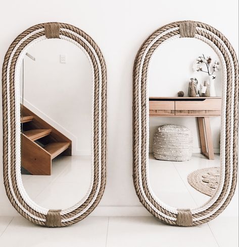 Coastal collection of rope mirrors oval shaped round and rectangle. Country or coastal mirror home decor. Australian made shipping Worldwide. Rope Mirror, Rope Wall, Hamptons Coastal, Oval Wall Mirror, Hanging Wall Mirror, Hamptons House, Living Room Mirrors, Vintage Frame, Diy Mirror