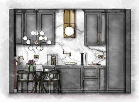 Art Deco Cafe Interior, Sketchup Kitchen, Industrial Style House, Art Deco Cafe, Kitchen Elevation, Interior Architecture Sketch, Interior Presentation, Interior Design Sketchbook, Interior Design Student