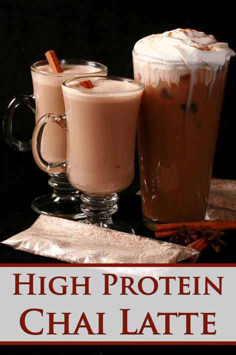 2 mugs of protein powder chai latte and one glass of iced protein chai latte, with overlaid text saying high protein chai latte. Protein Powder Drink Recipes, Chai Tea Smoothie, Chai Tea Latte Recipe, Hot Tea Recipes, Iced Chai Tea Latte, Vanilla Chai Tea, Chai Latte Recipe, Iced Chai Latte, Hot Drinks Recipes