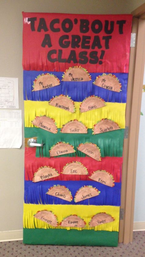 Taco theme classroom door. #fiesta #classroomdoor #taco #cincodemayo Mexican Heritage Classroom Door, Fiesta Theme Classroom Door, Fiesta Classroom Decor, Mexican Classroom Theme, Taco Classroom Theme, Mexico Classroom Decorations, Cinco De Mayo Door Decorations Classroom, Cinco De Mayo Classroom Door Ideas, Mexico Classroom Door