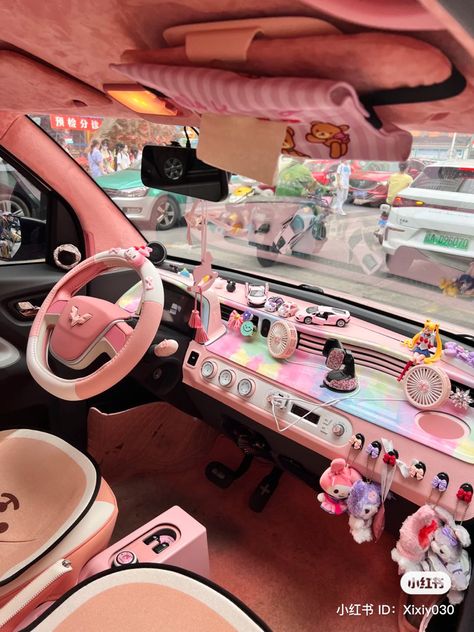 Dream Car Interior, Aesthetic Sailor Moon, Jam Aesthetic, Pink Car Interior, Hello Kitty Car Accessories, Aesthetic Floor, Wallpaper Facebook, Hello Kitty Room Decor, Pink Car Accessories