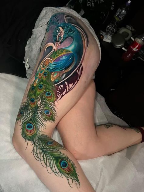 Peacock Tattoo Designs, Thigh Tattoo Ideas, Winter Tattoo, Tattoo Ideas Inspiration, Hip Thigh Tattoos, Peacock Feather Tattoo, Peacock Tattoo, Prison Tattoos, Full Body Tattoo