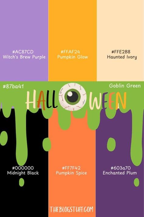 Halloween Color Palette 2024: 27 Schemes for a Spooky Season Purple Halloween Color Palette, Halloween Color Combos, Halloween Color Palette Hex Code, Halloween Hex Codes, Hocus Pocus Color Palette, Pink Halloween Color Palette, Cute Halloween Color Palette, Retro Halloween Color Palette, Witchy Color Palette Hex Codes