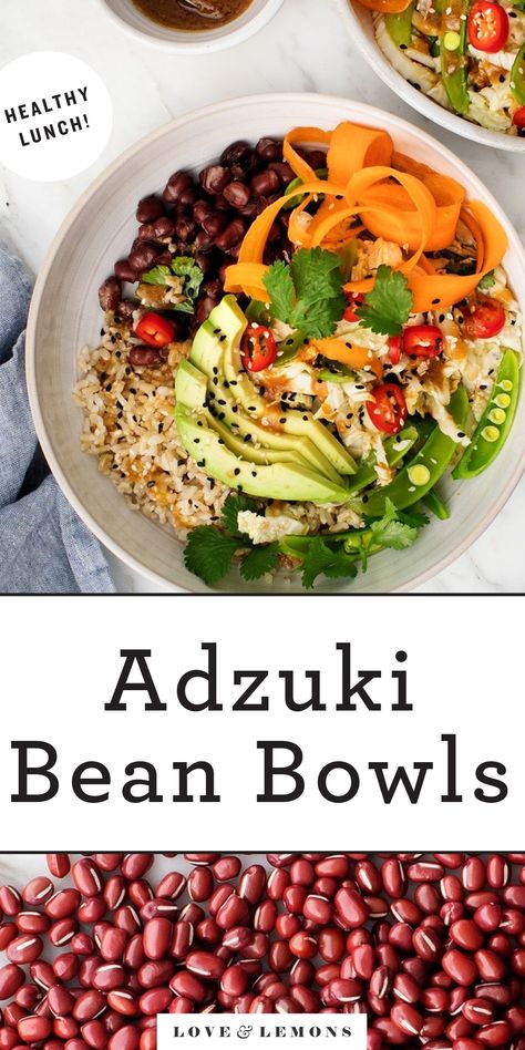 A simple, healthy bowl made with a carrot, pea, and cabbage salad over brown rice and adzuki or black beans. Topped with a yummy miso sauce, this recipe is a great make-ahead lunch! | Love and Lemons #healthyrecipes #miso #rice #carrots Adzuki Bean Recipe, Bean Bowls, Miso Sauce, Healthy Bowl, Quinoa Sweet Potato, Meatless Meal, Azuki Bean, Adzuki Beans, Crunchy Salad