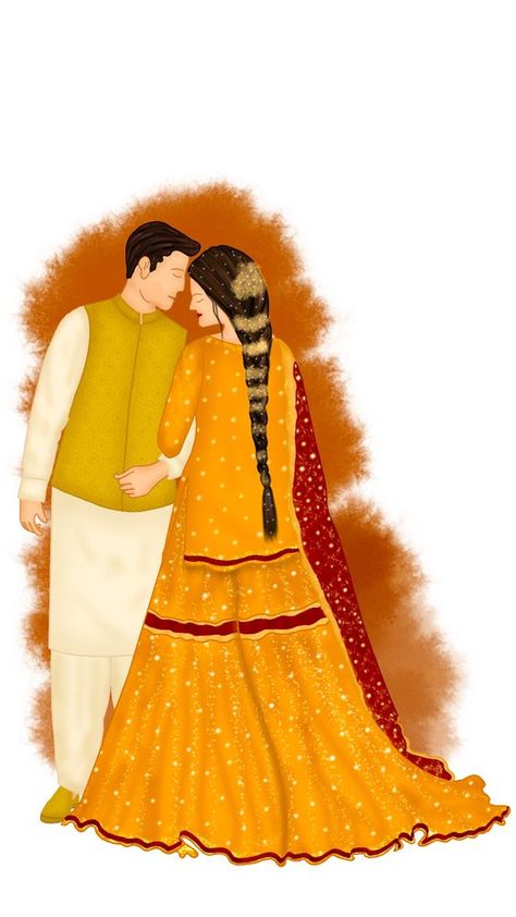 Indian Wedding Barat Illustration, Haldi Illustration Couple, Haldi Cartoon Bride, Haldi Illustration, Haldi Caricature, Outfit For Haldi, Canva Illustration, Creative Wedding Invitations Design, Simple Wedding Invitation Card