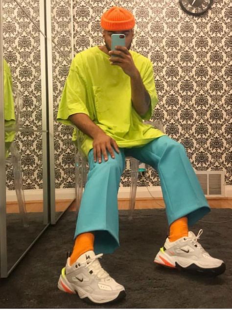 Neon Color Outfits Men, Neon Outfit Ideas Men, Colorful Mens Fashion Casual, Men Neon Outfit, Mens Neon Outfit, Neon Mens Fashion, Colorful Streetwear Men, Neon Party Outfits Men, Dark Academia Mens Outfits