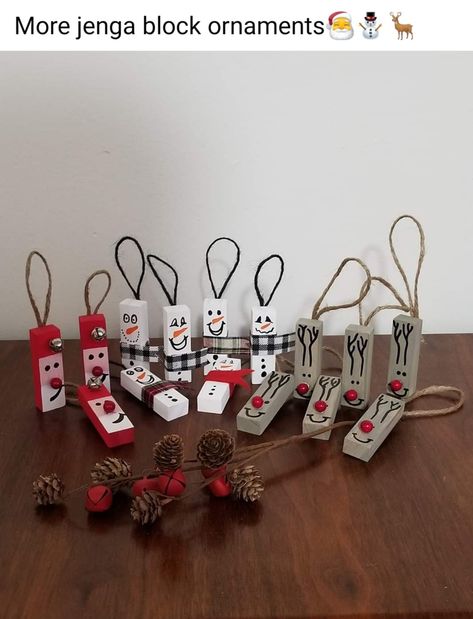 Jenga Snowman Ornaments Diy, Jenga Block Nativity Ornaments, Tumbling Tower Block Christmas Ornaments, Dt Jenga Block Christmas, Jenga Piece Ornaments, Christmas Ornaments Homemade Kids, Holiday Woodworking Projects, Jenga Diy, Diy Christmas Crafts To Sell