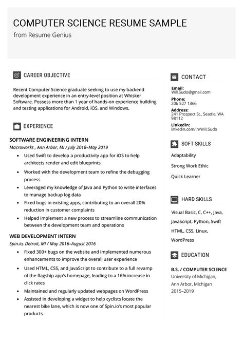 Computer Science Resume Sample & Writing Tips | Resume Genius Computer Science Resume, Data Science Resume, Computer Science Internship, Computer Science Jobs, Computer Science Careers, Computer Science Tips, Computer Science Student, Comp Sci, Internship Resume