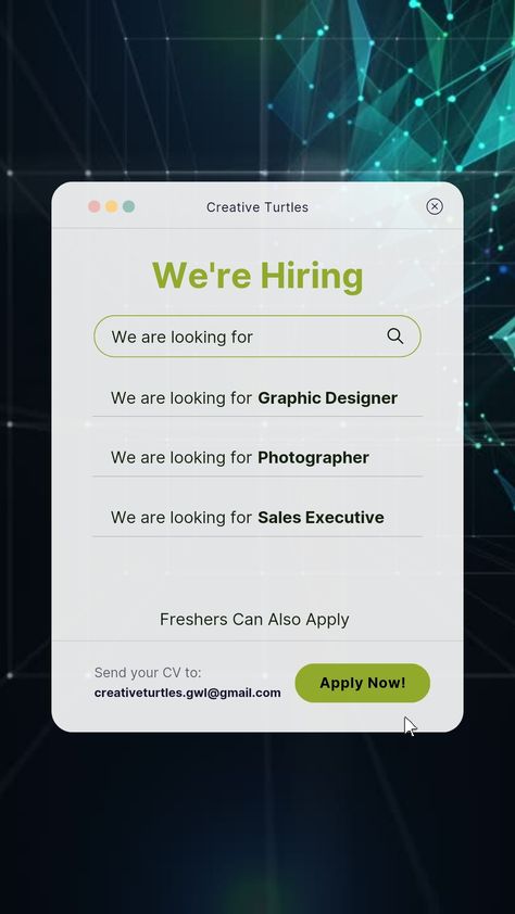 WE ARE HIRING‼️
• Graphic Designer
• Photographer 
• Sales Executive 

Freshers Can Also Apply 
📩 Your CV @ creativeturtles.gwl@gmail.com

#creativeturtles #hiring #wearehiring #hiringnow #graphicdesigner #photographer #salesexecutive #jobvacancy #openpositions #jobopportunity #jobseekers #opportunity #career #employment Apply Now Poster, Hiring Poster Creative Ads, Hiring Post Design Creative, Hiring Posts Design, We Are Hiring Creative Poster Design, We Are Hiring Design, Creative Hiring Post, We Are Hiring Creative Ads, Hiring Post Design