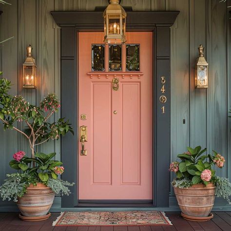 Create a Welcoming Entrance with Warm Taupe and Blush Pink Outdoors Paint Colors • 333  Inspiring Lifestyle Ideas Colourful Doors Entrance, Best Paint Colors For House Flip, Green House With Pink Door, Pink House Exterior Color Combinations, Pink Craftsman House Exterior, Pale Pink House Exterior, Pink Farmhouse Exterior, Pink Shutters On House, Agean Teal Bm