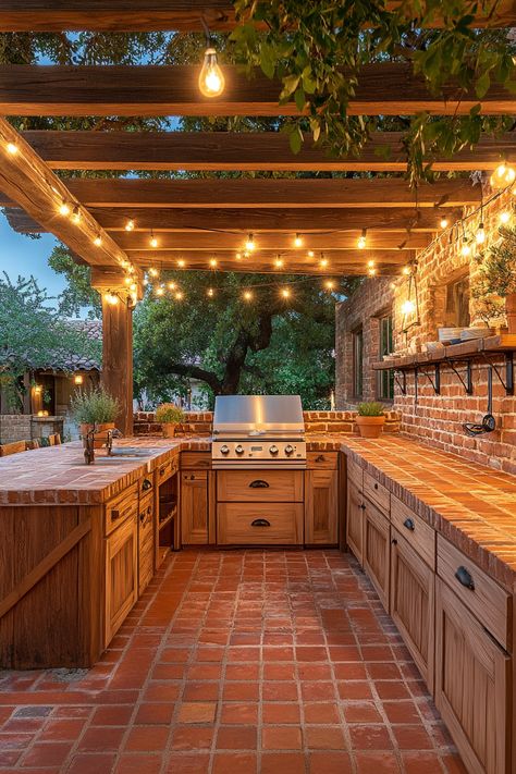 ♥ Are you dreaming of the perfect outdoor oasis for entertaining friends and family? Get inspired by this amazing patio furniture set up, featuring a cozy outdoor grill area and stunning backyard patio designs. Whether you're looking for simple or luxury outdoor kitchen ideas, this rustic outdoor kitchen with a covered area is sure to impress! 🌿🍴 #patiofurniture #outdoorkitchen #backyardpatio #rusticdesign Backyard Patio Designs Covered, Simple Outdoor Kitchen Design, Outside Grill Area, Backyard Patio Designs With Grill, Patio Bar Ideas Outdoor, Enclosed Outdoor Kitchen, Small Backyard Kitchen, Kitchen Set Ideas, Outdoor Patio Kitchen Ideas