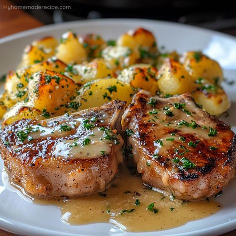 Garlic Butter Pork Chops with Cheesy Potato Bake - My Home Made Recipe Pork Chop Scalloped Potatoes, Essen, Pork Chop Potato Recipes, Garlic Pork Chop Bites, What Goes Well With Pork Chops, Great Pork Chop Recipes, Pioneer Woman Apple Cider Pork Chops, Supper Ideas Pork Chops, Easy Pork Loin Chops Recipes