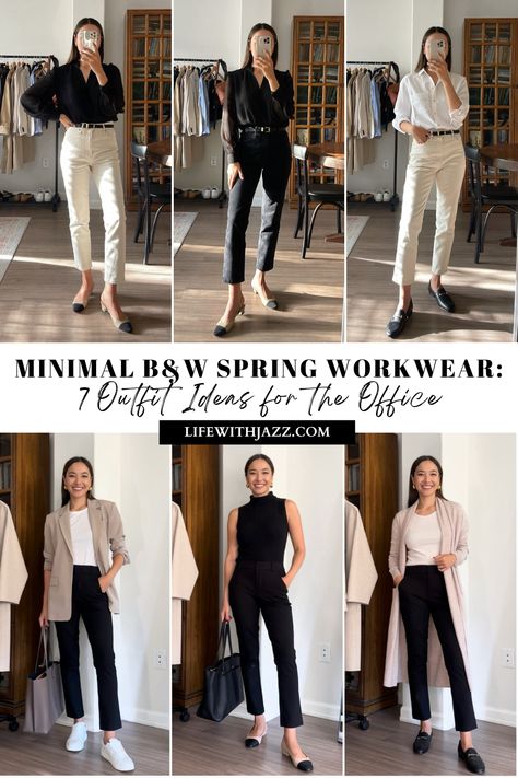 7 Minimal B&W Spring Workwear Ideas for the Office - LIFE WITH JAZZ Versatile Work Outfits, Minimal Professional Outfit, Minimalist Summer Work Outfit, Spring Summer Office Outfits, Spring Workwear Business Casual, Spring 2024 Business Casual, Smart Casual Work Outfit Spring, Office Spring Outfits, Summer Office Outfits Casual Work Attire