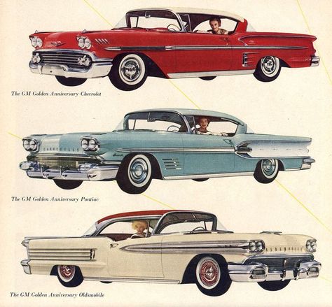 General Motors Golden Anniversary Models for 1958 - Chevrolet, Pontiac and Oldsmobile (note the positioning of the women in the cars) Vintage Cars 1950s, 1950s Car, Magazine Advert, Soft Face, Golden Anniversary, American Classic Cars, Old Classic Cars, Car Advertising, Car Illustration