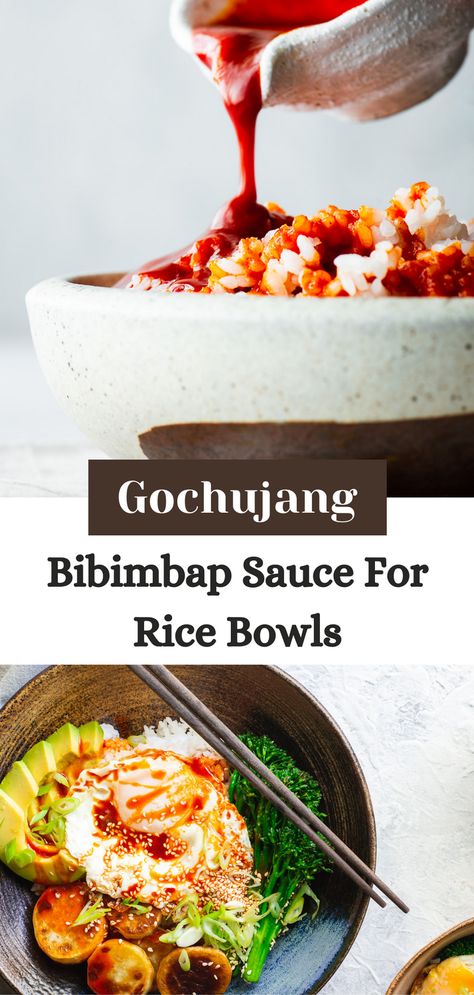 This easy Korean bibimbap sauce recipe is perfect for adding flavour and spice to any rice bowls! Made with gochujang sauce, sesame oil, and other simple ingredients, this sweet and spicy bibimbap sauce is the perfect accompaniment to marinated beef, chicken or tofu, a fried egg, assorted vegetables, and fluffy white rice. Whether you're a meat-lover or a vegan, this versatile sauce will turn your Asian-style rice bowl into a stand-out meal! Chicken Recipes Korean Style, Bim Bim Bap Sauce, Tofu Bibimbap, Gochujang Sauce Recipe, Instant Pot Sushi Rice, Bibimbap Sauce, Sushi Rice Recipes, Korean Bibimbap, Bibimbap Recipe