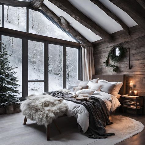 Ski Cottage Winter Cabin, Winter Cabin Bedroom, Winter Cabin Interior, Earth Tones Bedroom Decor, Cozy Winter Bedroom, Earth Tone Bedroom, Winter Bedroom Decor, Home Design Modern, Bright Bedroom