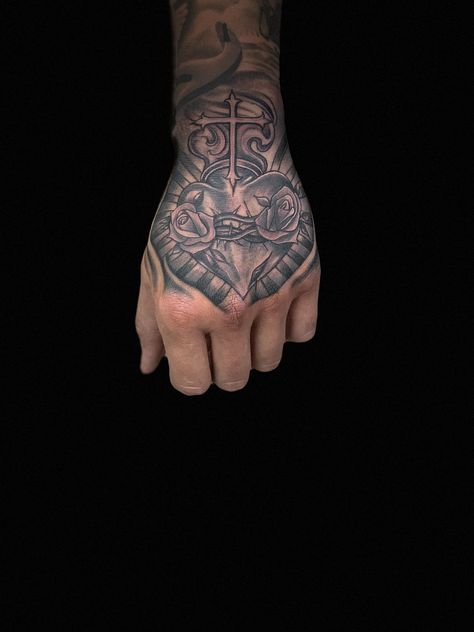 Sacred Heart Hand Tattoo, Heart Hand Tattoo, Sacred Heart Tattoo, Sacred Heart Tattoos, Religious Tattoo, Tat Ideas, Heart Hands, Hand Tattoo, Heart Tattoo