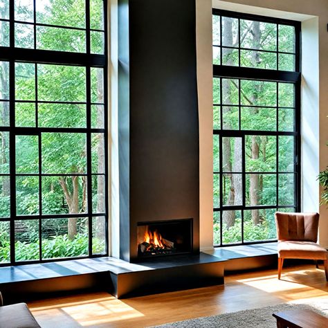 20 Fireplace Between Windows Ideas You Can Consider French Doors Flanking Fireplace, Open Floor Plan With Fireplace In Middle, Fireplace Below Window, Fireplace Window Wall, Fireplace Surrounded By Windows, Fireplace In Front Of Window, Wall With Window In The Middle, Stairs Behind Fireplace, Fireplace With Benches On Each Side