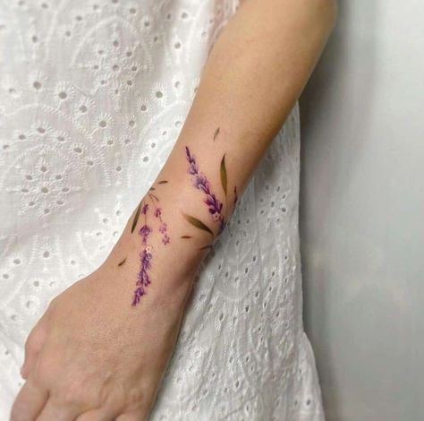 Arm Wrap Tattoo, Wrap Around Wrist Tattoos, Lilac Tattoo, Around Arm Tattoo, Wrap Around Tattoo, Cuff Tattoo, Wrap Tattoo, Lavender Tattoo, Cool Wrist Tattoos