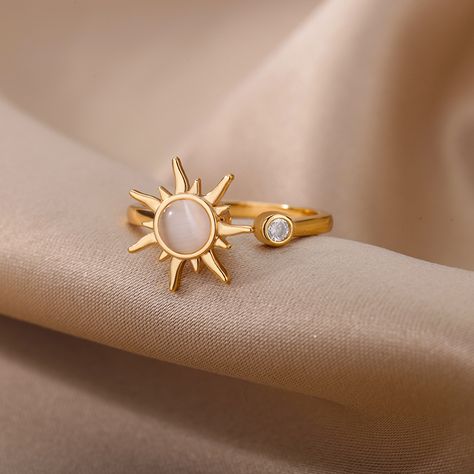 Adjustable Stainless Steel Opal Sun Ring – Trendy Geometric Charm for Women. #AmrahCart #OpalSunRing #TrendyJewelry #GeometricCharm Ring Party Jewelry, Birthday Fashion, Fidget Rings, Finger Rings, Birthday Jewelry Gift, Open Ring, Stainless Steel Rings, Steel Ring, Types Of Rings