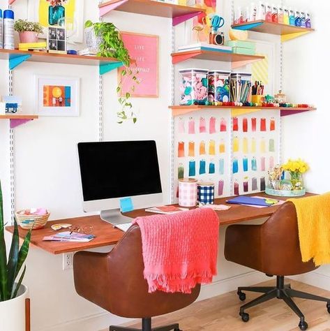 colorful and fun home office or remote working spaces to recreate in your home. Bureau Hack Ikea, Track Shelving, Cozy Office Space, Work Desk Organization, Ikea Desk Hack, Desk Hacks, All White Bedroom, Study Table Designs, Ikea Desk