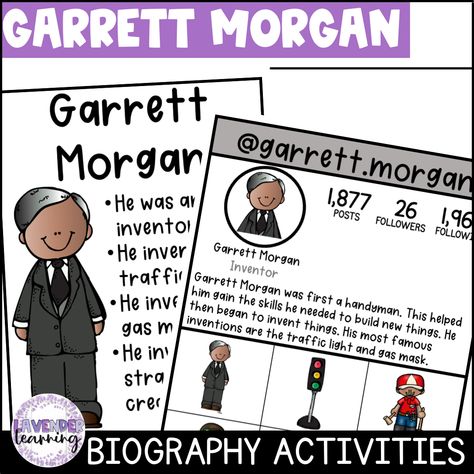 Searching for biography activities for Garrett Morgan for your early elementary students? These social studies activities are perfect for Kindergarten, First Grade, and Second Grade students. The variety of low-prep activities are easy to implement. They make a great addition to your Inventors Unit or Black History Month! Get your students excited about history and begging to learn more with these Garrett Morgan biography activities. Students will love learning about this inventor with the acti Garret Morgan, Biography Activities, Substitute Activities, January Writing Prompts, Garrett Morgan, Biography Activity, Biography Report, Writing Center Kindergarten, Winter Writing Prompts